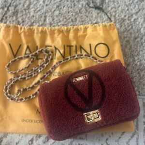 Valentino Burgundy Shearling Shoulder Bag with Gold Chain
